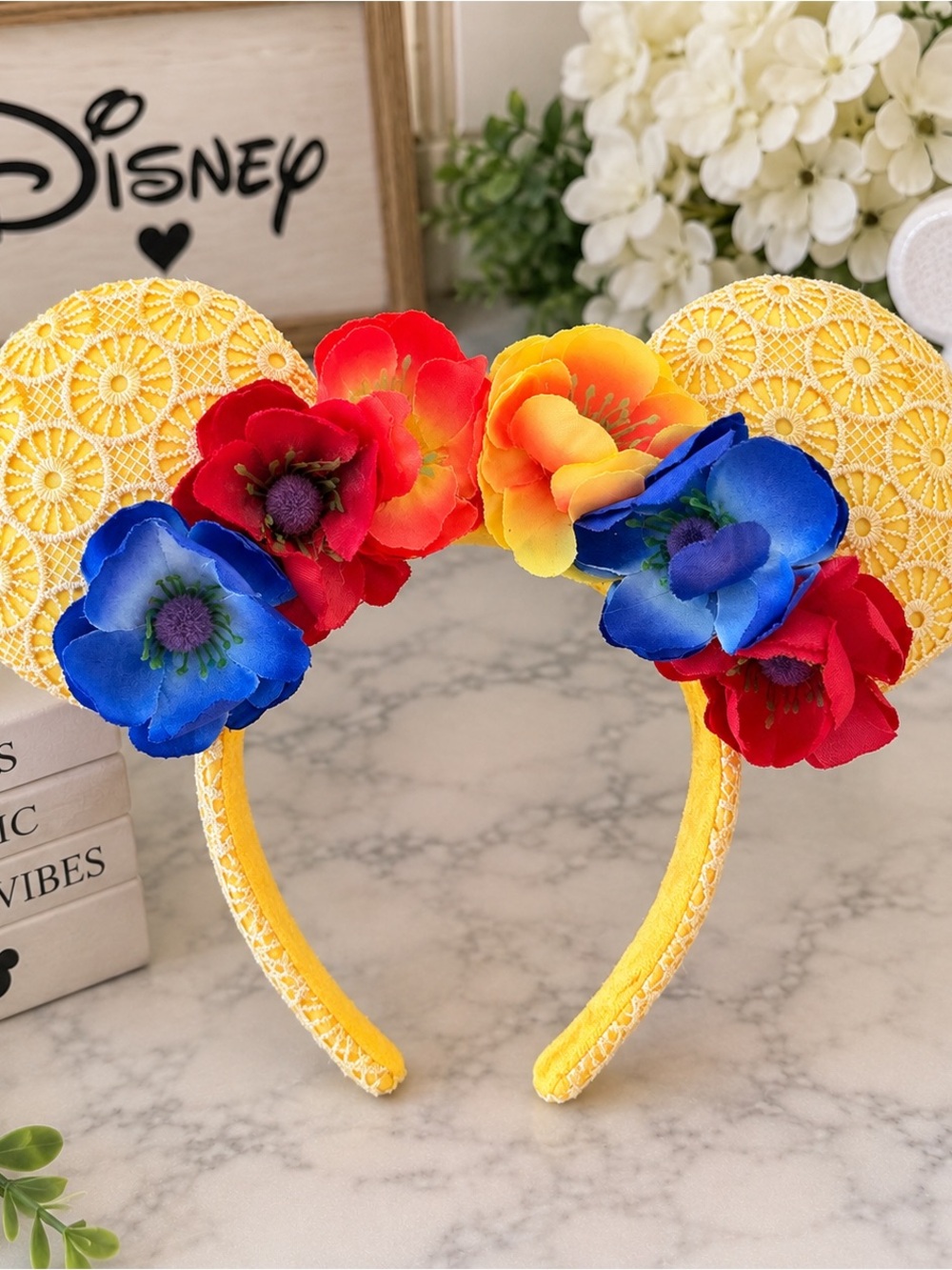 Disney Parks Minnie Ears Yellow Lace Poppy Floral Flower Headban